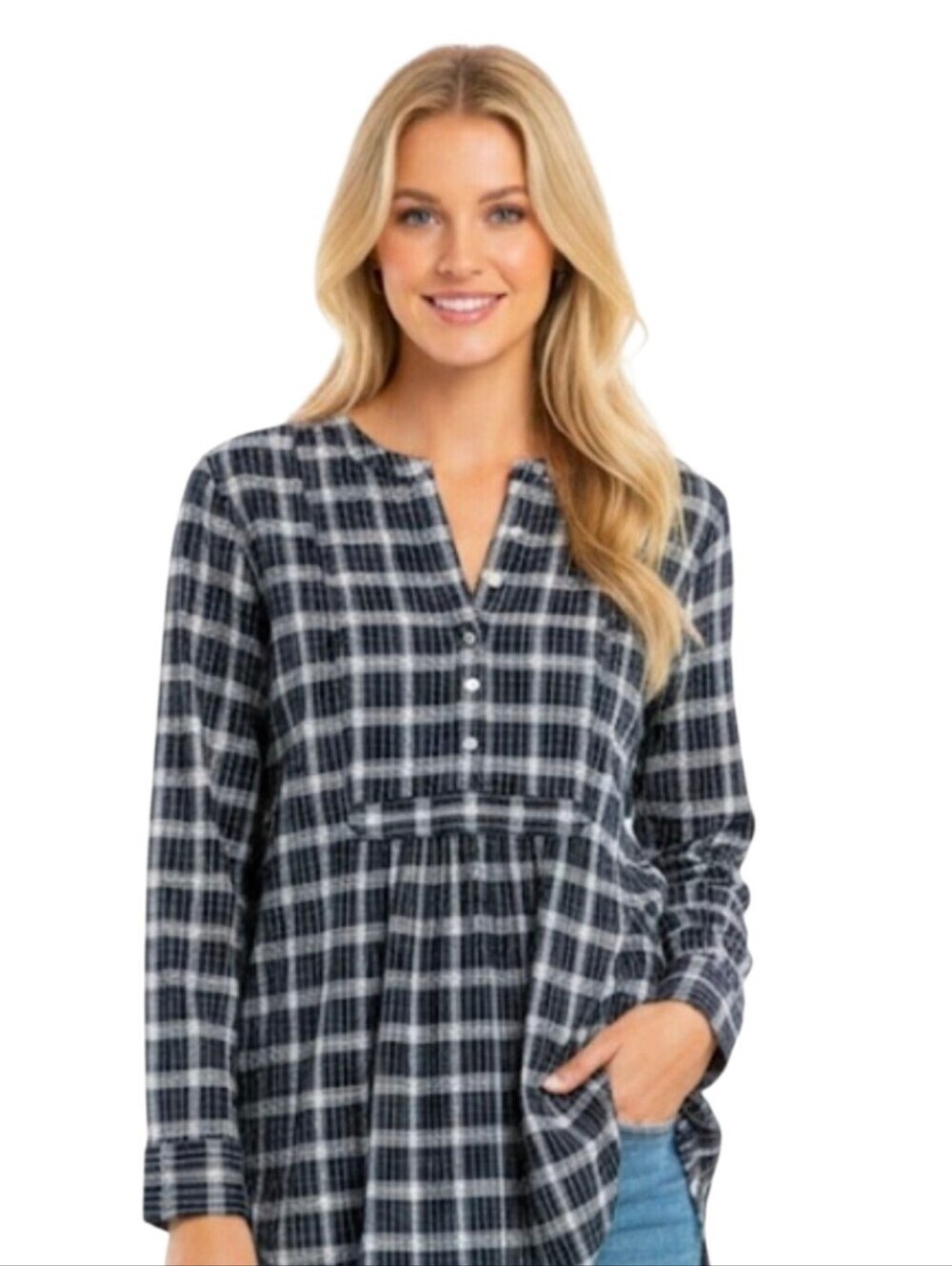 Ann Taylor LOFT Tunic Top Navy Plaid Long Sleeve Button Henley Shirt XL - Picture 2 of 7
